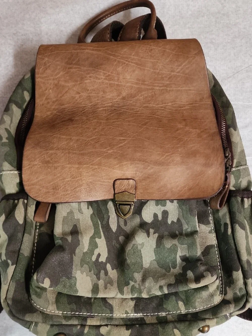 Scully Camouflage & Leather Ranger Canvas Backpack with Brown Trim